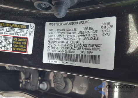 2016 Honda Cr-V Ex-L from USA, damaged, VIN 5J6RM4H74GL083066